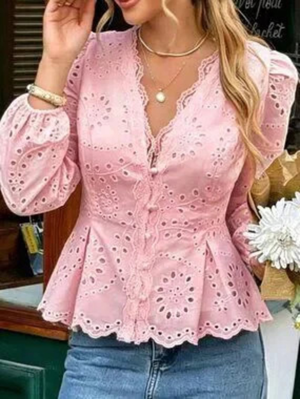 Pink Casual Women's Embroidered Blouse with Lace Trim, Ruched Waist, Cuff Sleeve